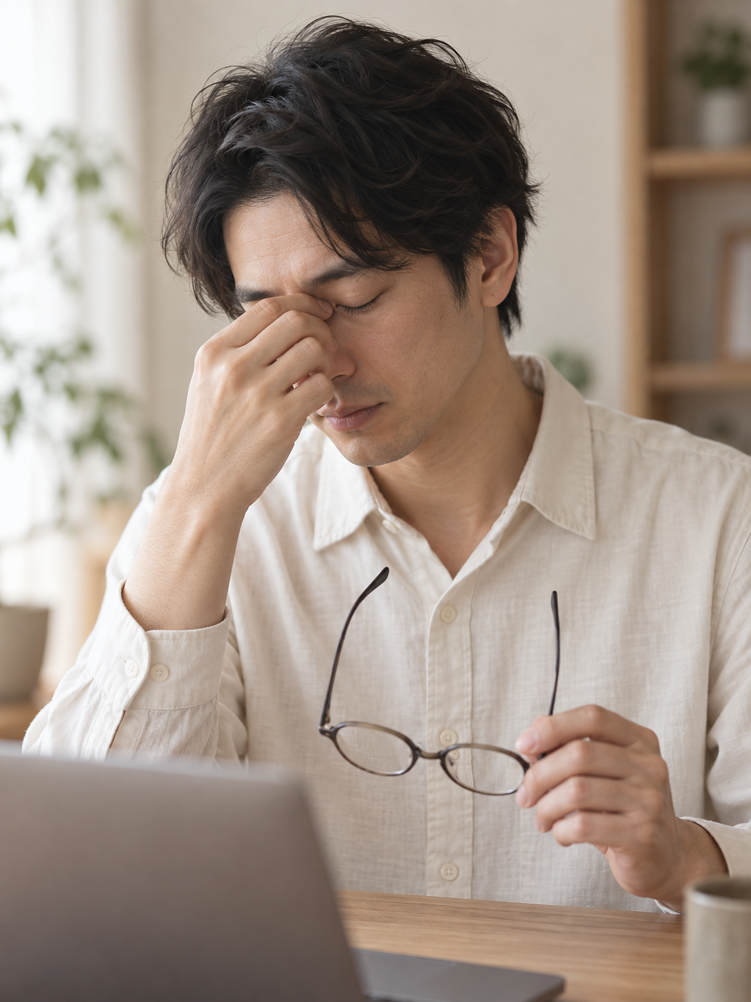 眼鏡を外して目を休める男性のイメージ