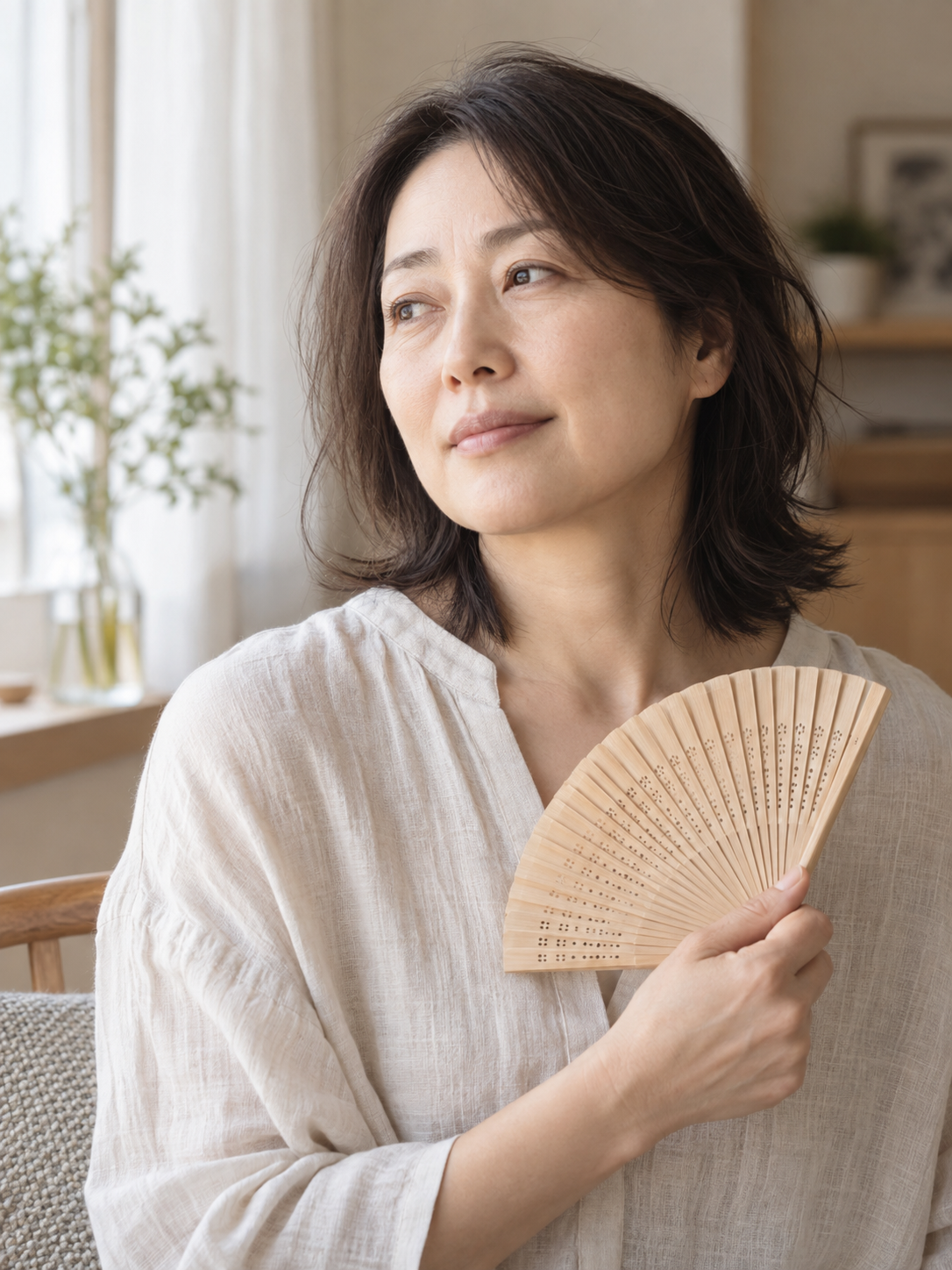 扇子を手にくつろぐ女性のイメージ
